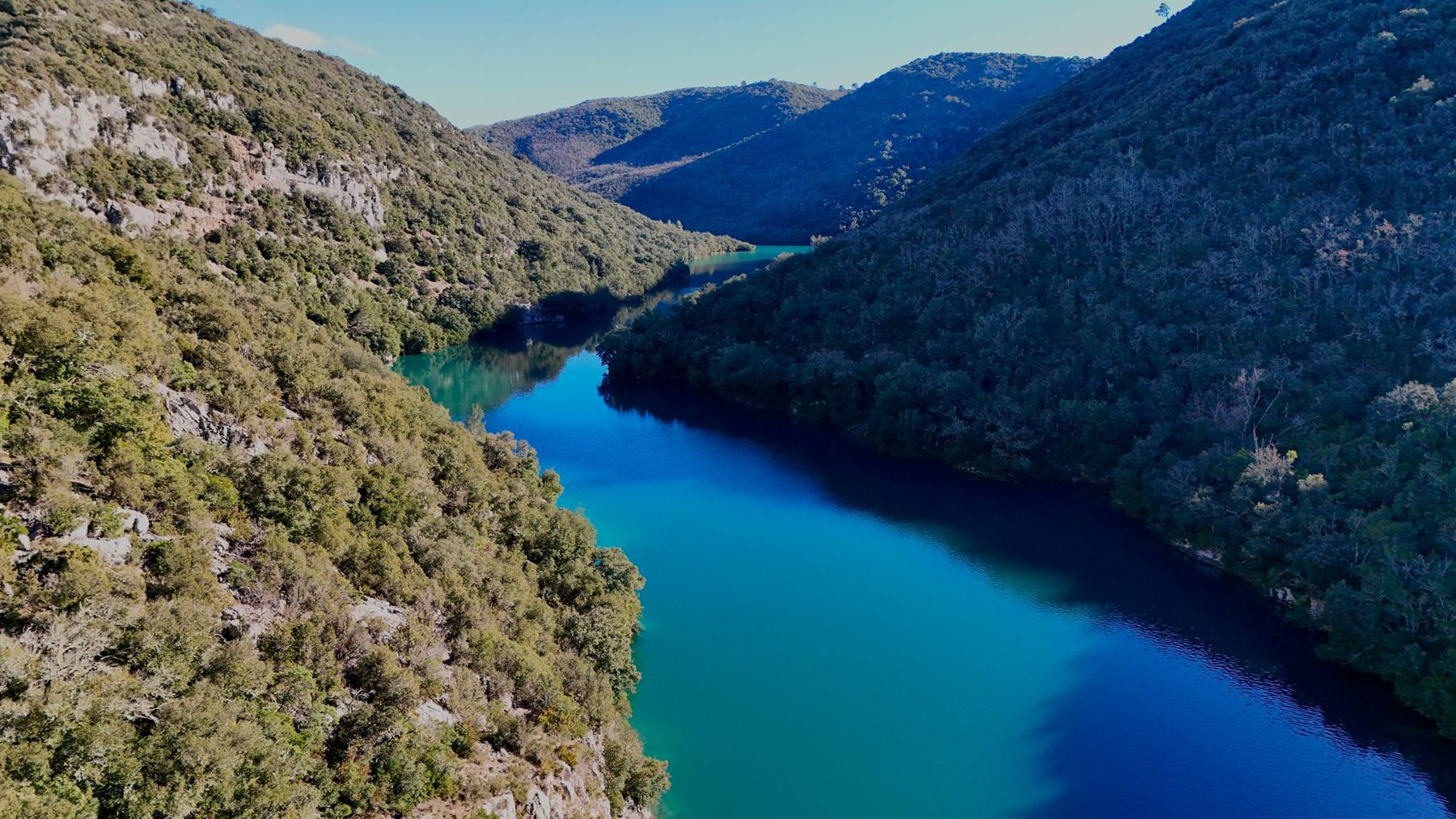 Vue aérienne des Basses Gorges du Verdon, rivière turquoise entre des versants boisés